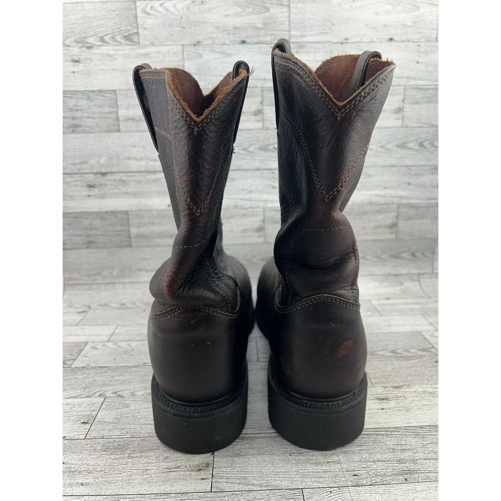 Justin Dark Brown Leather‎ Work Boots Pull On Roper Round Toe Oil Resist Men 12D